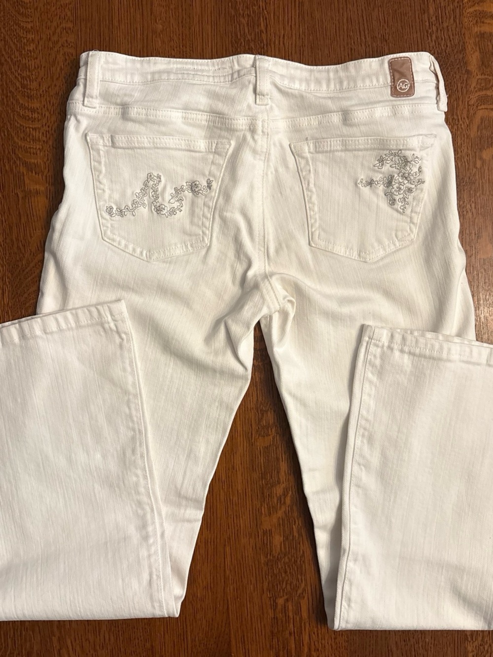 AG Adriano Goldschmied White Boot Cut Jeans with Silver Floral Embroidery